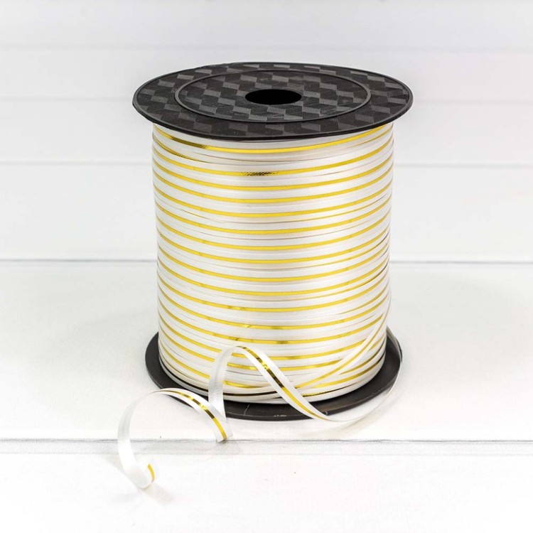 500580/6 Лента полипропиленовая с золотой полосой 0,5 см*250 ярдов белый (бобина) 1/5 1/60