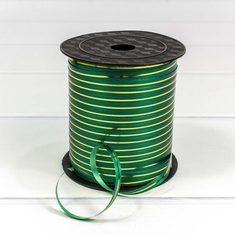 500580/5 Лента полипропиленовая с золотой полосой 0,5 см*250 ярдов зеленый (бобина) 1/5 1/60
