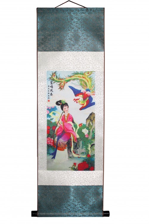 888102-27 Панно из шёлка "Девушка и Феникс"(34,5х96 см)