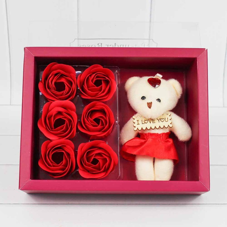 45026/1 Мыльные розы красные и Мишка  в коробке 6шт