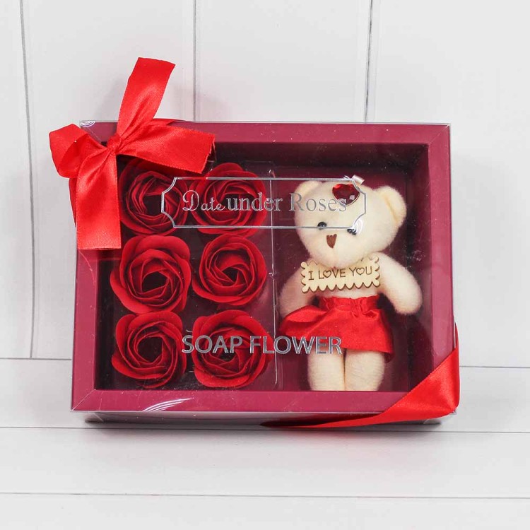 45026/1 Мыльные розы красные и Мишка  в коробке 6шт