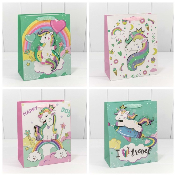 000303C Пакет подарочный с 3D аппликацией "Единорог" (микс) 26*32*13 230г 1/20 1/240