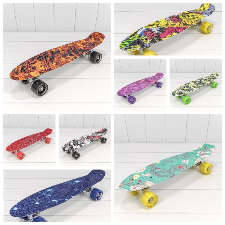 0001010-100 Скейтборд из пластика 56*14,5 со светящимися колесами с принтом (ассортимент) 1/8